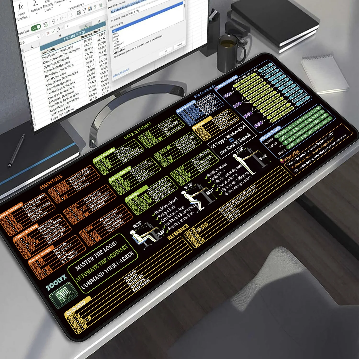 AI Edition English Excel Shortcuts XXL Desk Pad Programing Stitched Edge Non-Slip Rubber Mouse Mat for Computer Keyboard Coding