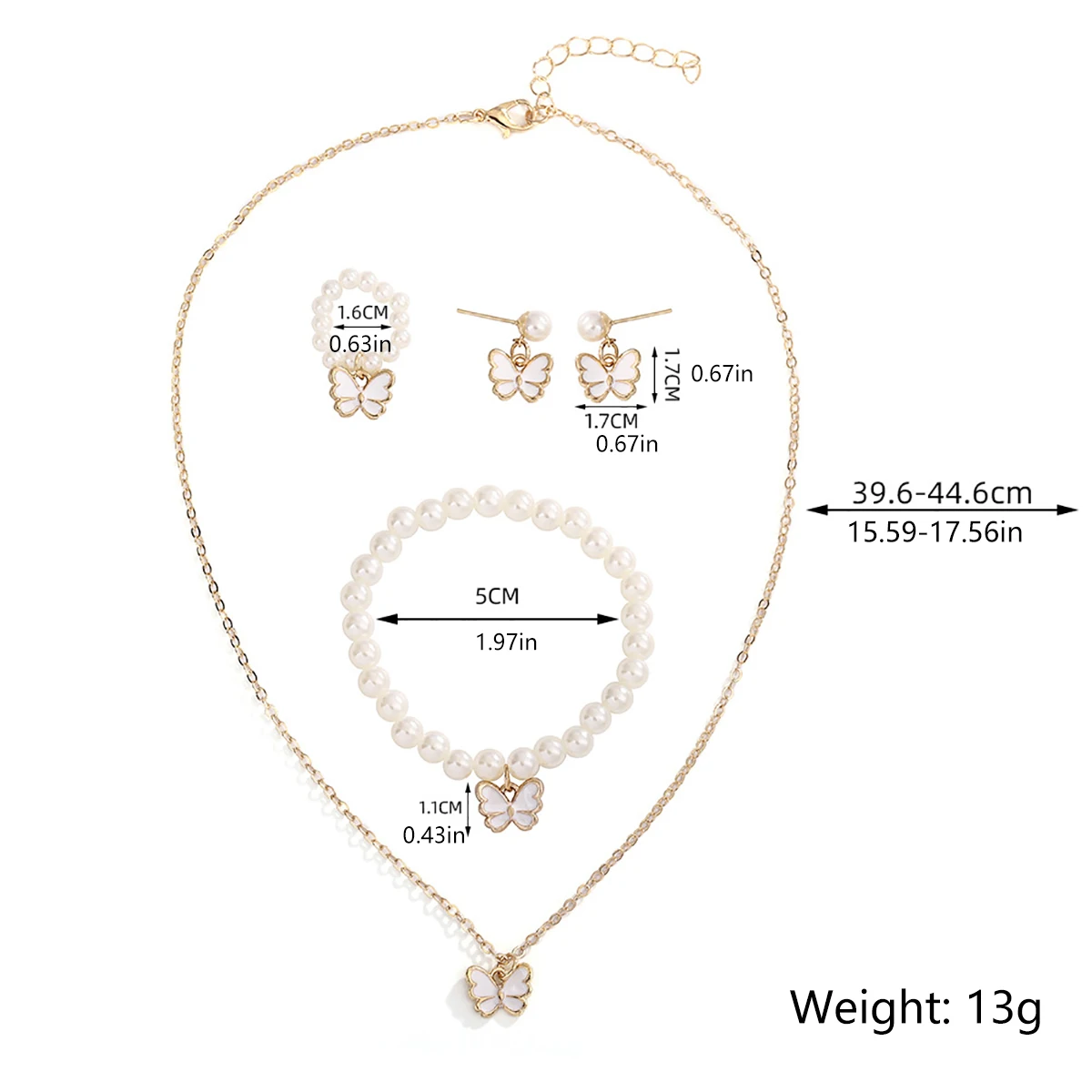 4 Set Butterfly Ring Pendant Necklace Bracelet Earrings Set for Women Girls Simulated Pearl Gold Jewelry Trendy Cute Sweet Gifts image 6