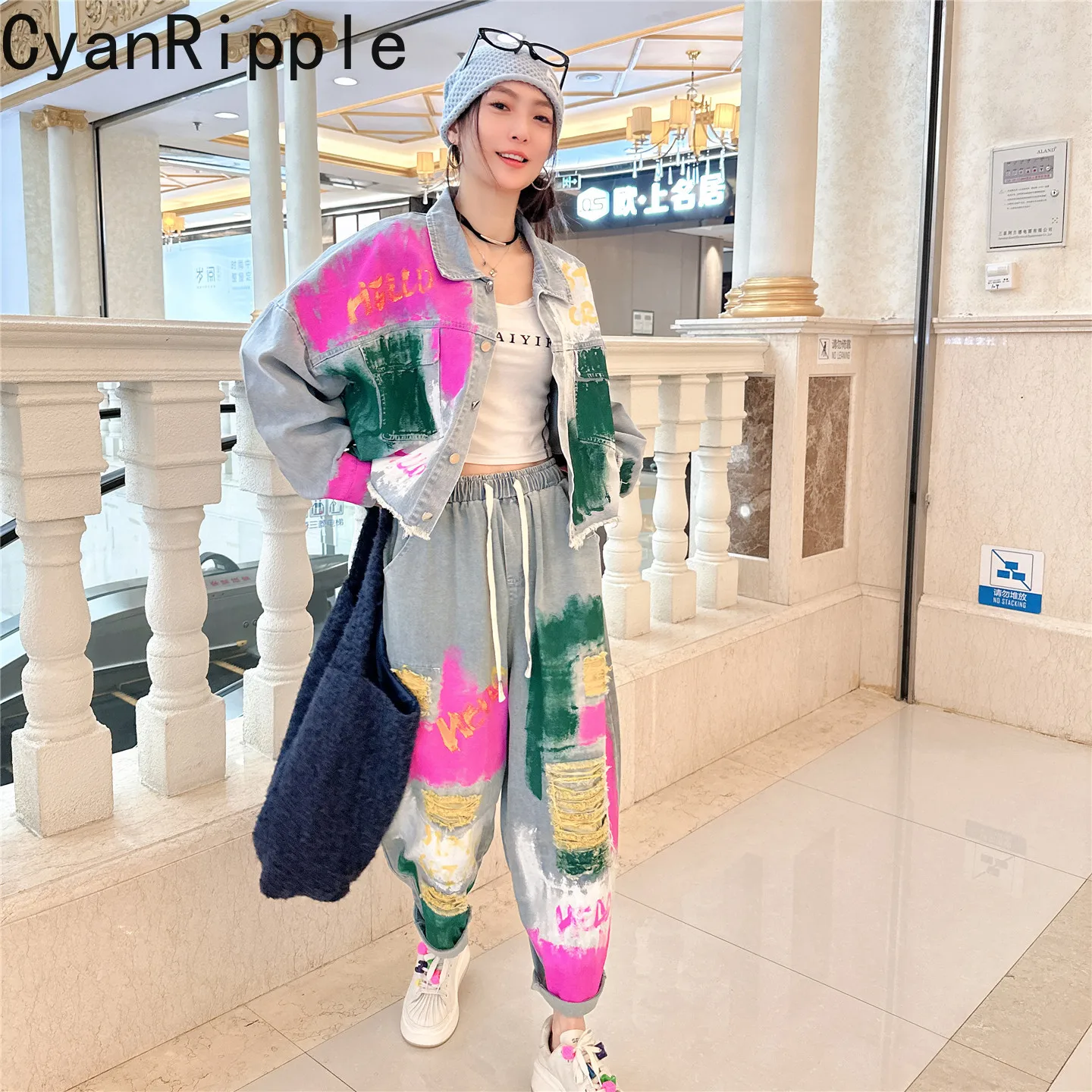 Personalized Graffiti Women Denim Set New Autumn Full Sleeve Loose Short Cardigans Coat All-match Elastic Waist Hole Harem Jeans