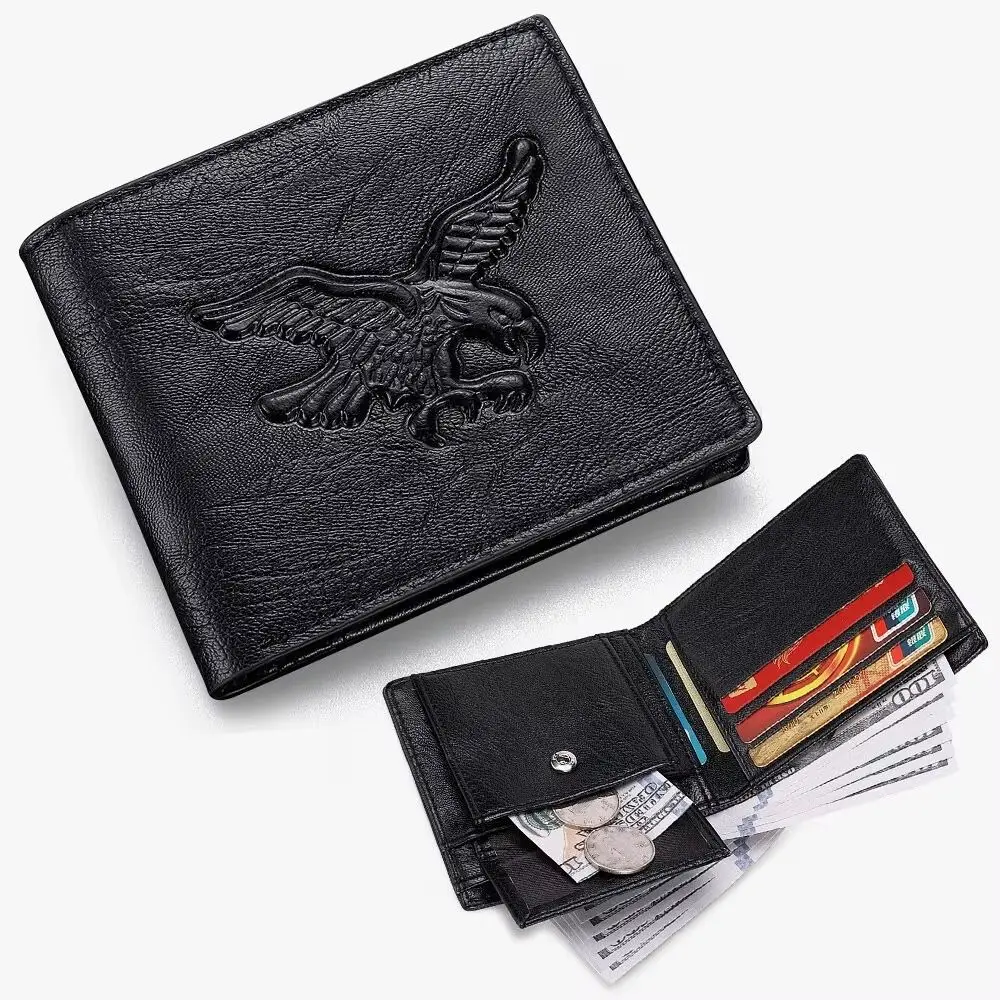 Cool PU Leather Men Short Wallet Black Grey Brown 3D Eagle Relief Pattern Leather Designer Wallet Business Purse Business