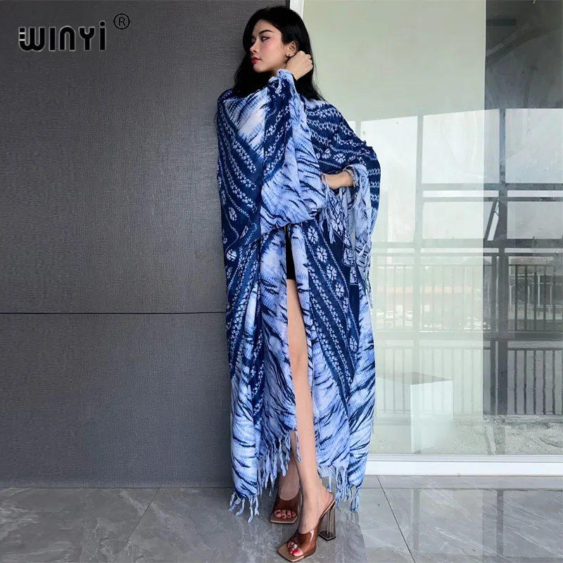 WINYI-Cardigan imprimé tie-dye à franges pour femmes, robe longue, élégante, bohème, ample, plage, natation, cover-up, kimono, été, haute qualité