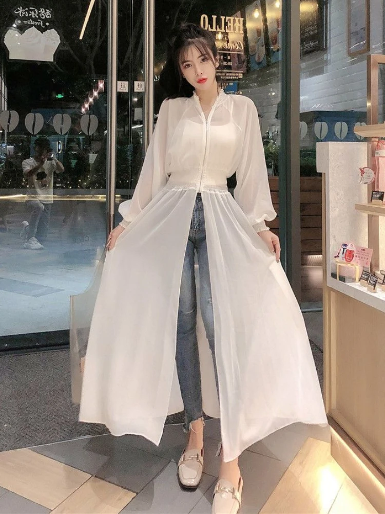 Summer Sheer Long Jackets Women Sun-proof Fashion Elastic Waist Tunic See Through Thin Korean Style Breathable Casual Solid Soft