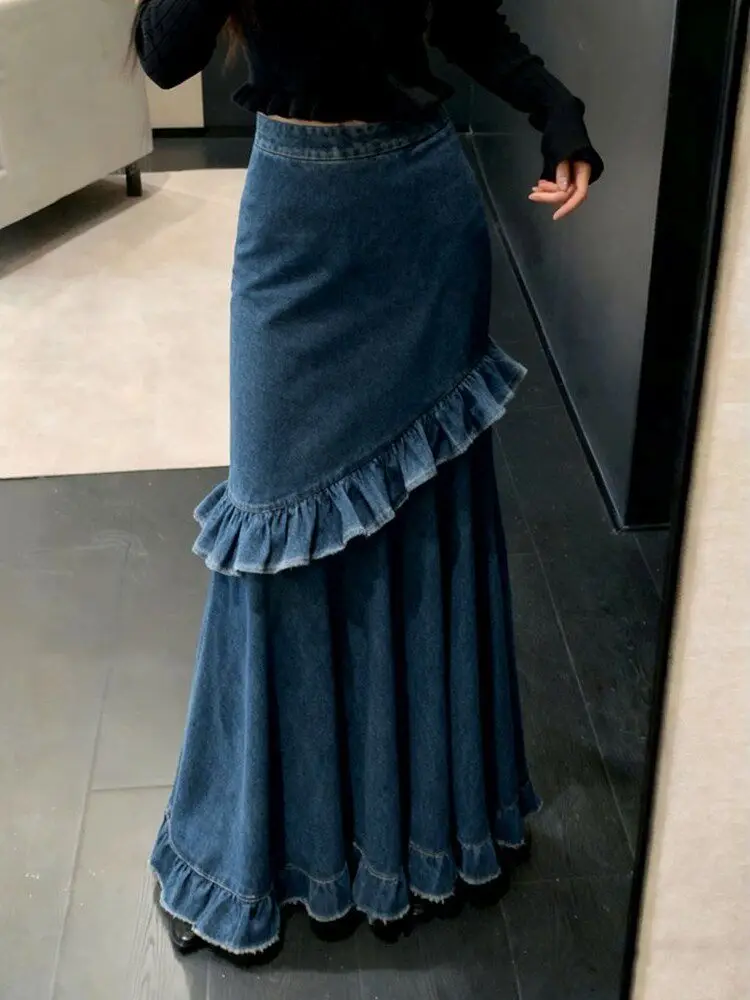 

Длинная юбка-пачка из денима с оборками в стиле ретро, с высокой талией, облегающая, асимметричная, осень-зима 2026