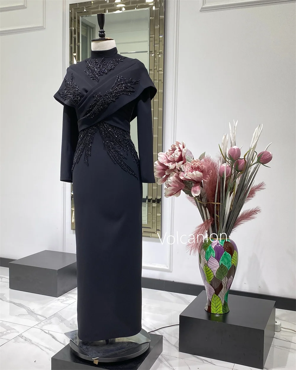 Customized Jersey Criss-Cross Rhinestone Straight High Collar Midi Dresses Bespoke Occasion Retro Chinese Style