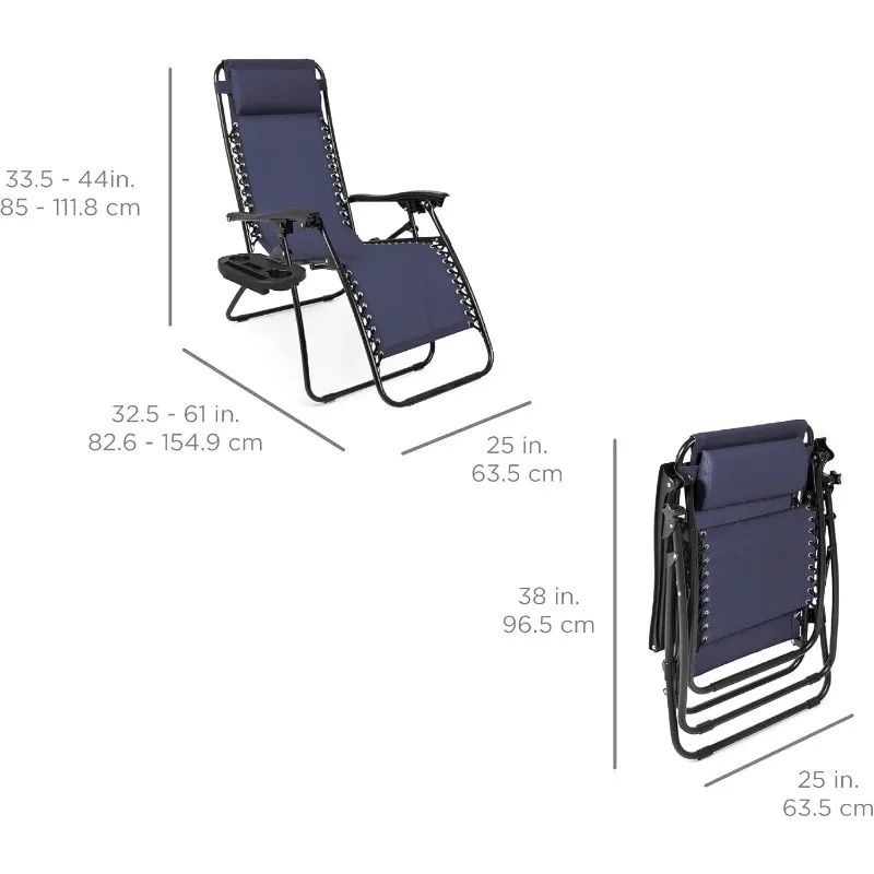 Best Choice Products Set of 2 Adjustable Steel Mesh Zero Gravity Lounge Chair Recliners w/Pillows and Cup Holder Trays