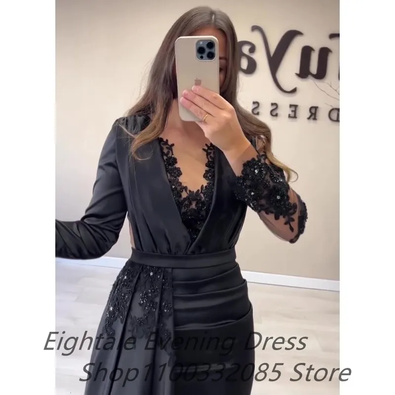 Vestidos de Noche formales de sirena negra personalizados, vestidos de noche de manga larga con cuentas, vestidos de fiesta elegantes turcos personalizados