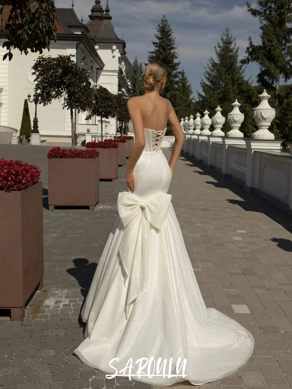 

Glitter Mermaid Bride Wear With Big Bow Sweet Corset Wedding Dress Customized Graceful Sleeveless Charming Bridal Gown