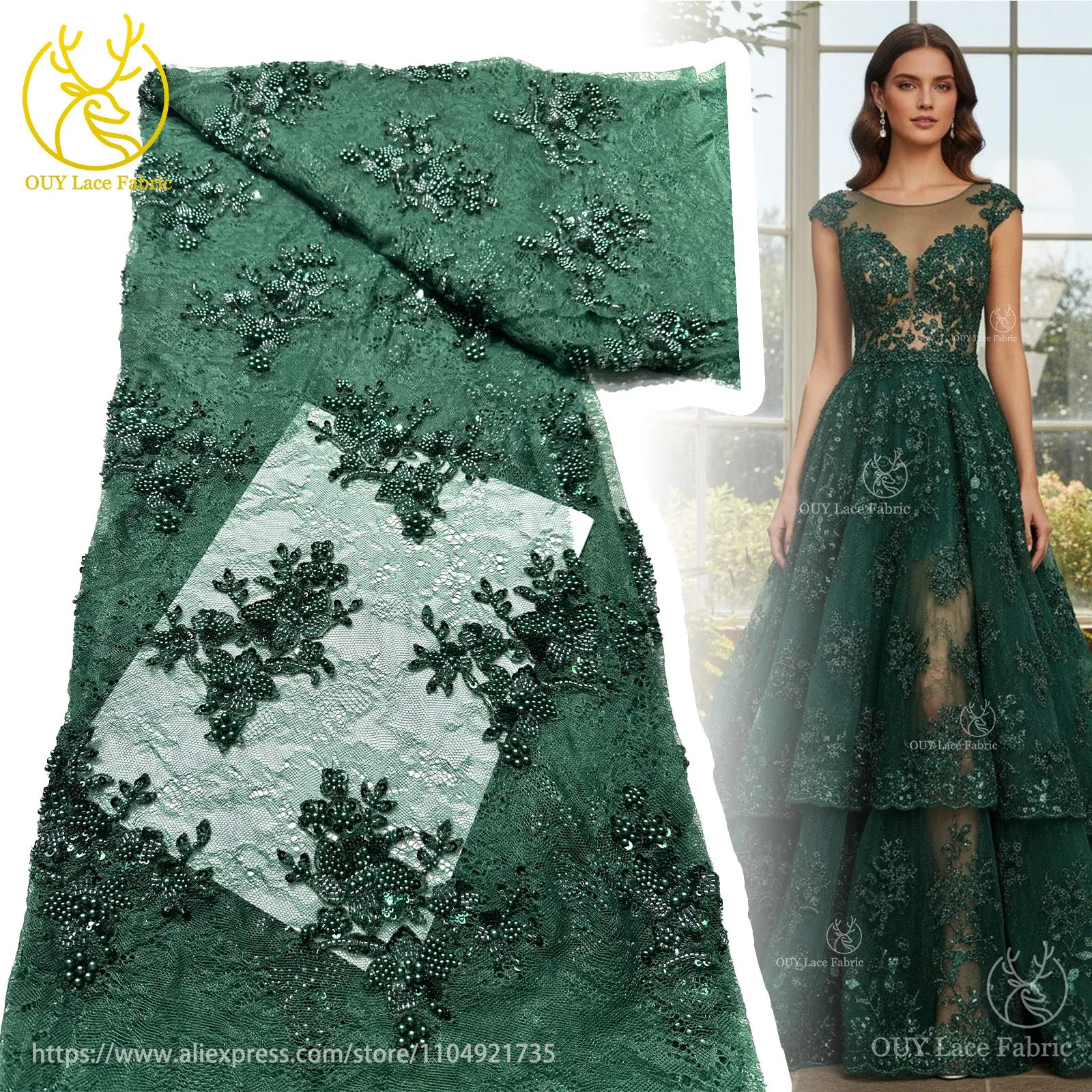 

Зеленый африканский жених, вышитый цветок, тюль, кружевная ткань, 2022, французское нигерийское кружево с блестками и бисером, материал для свадебной вечеринки
