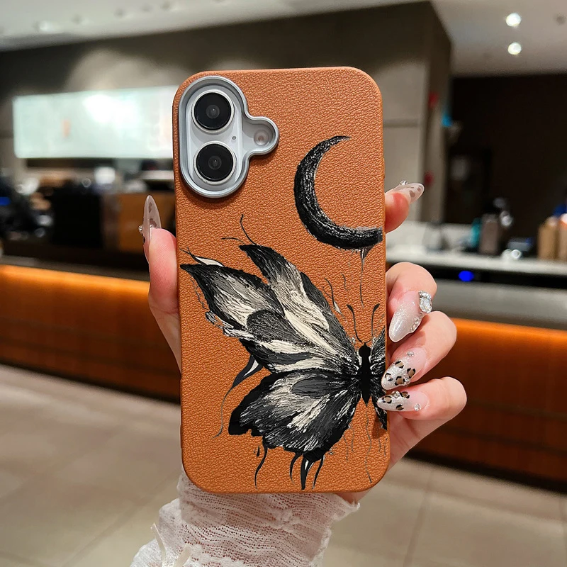 Ink Color Butterfly Case For iPhone 16 Pro Max Coque iPhone 11 12 13 14 15 Pro Max SE Luxury Leather Texture Soft Silicone Cover
