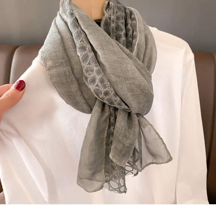 Linen Cotton Wrap shawl Women Scarf 2024 Spring Summer Thin Flod long Scarf Lace Contrast Color Female Head Neck Classic HIjab