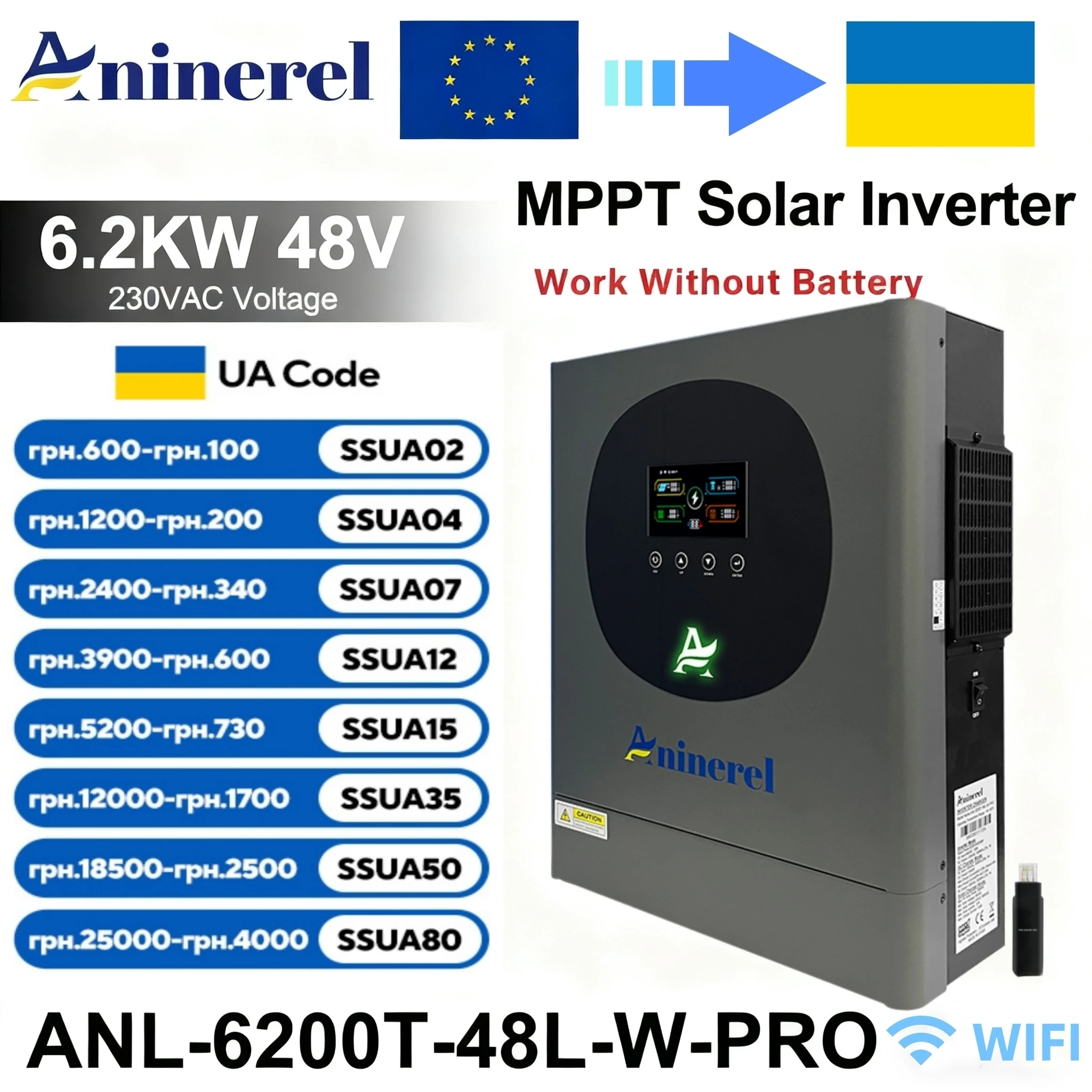 Aninerel 6.2KW 48V 4.2KW 24V NOWY Hybrydowy Inwerter Solarny Dwuwyjściowy Domowy Inwerter Czystej Sinusoidy z Kontrolerem Ładowania Solarnego MPPT