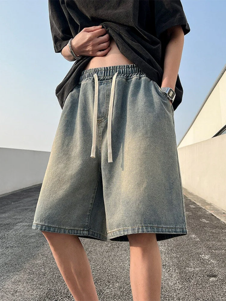 

Мужские джинсовые шорты в американском ретро-стиле, прямого кроя, повседневные, летние, свободного кроя, из смесового хлопка и полиэстера