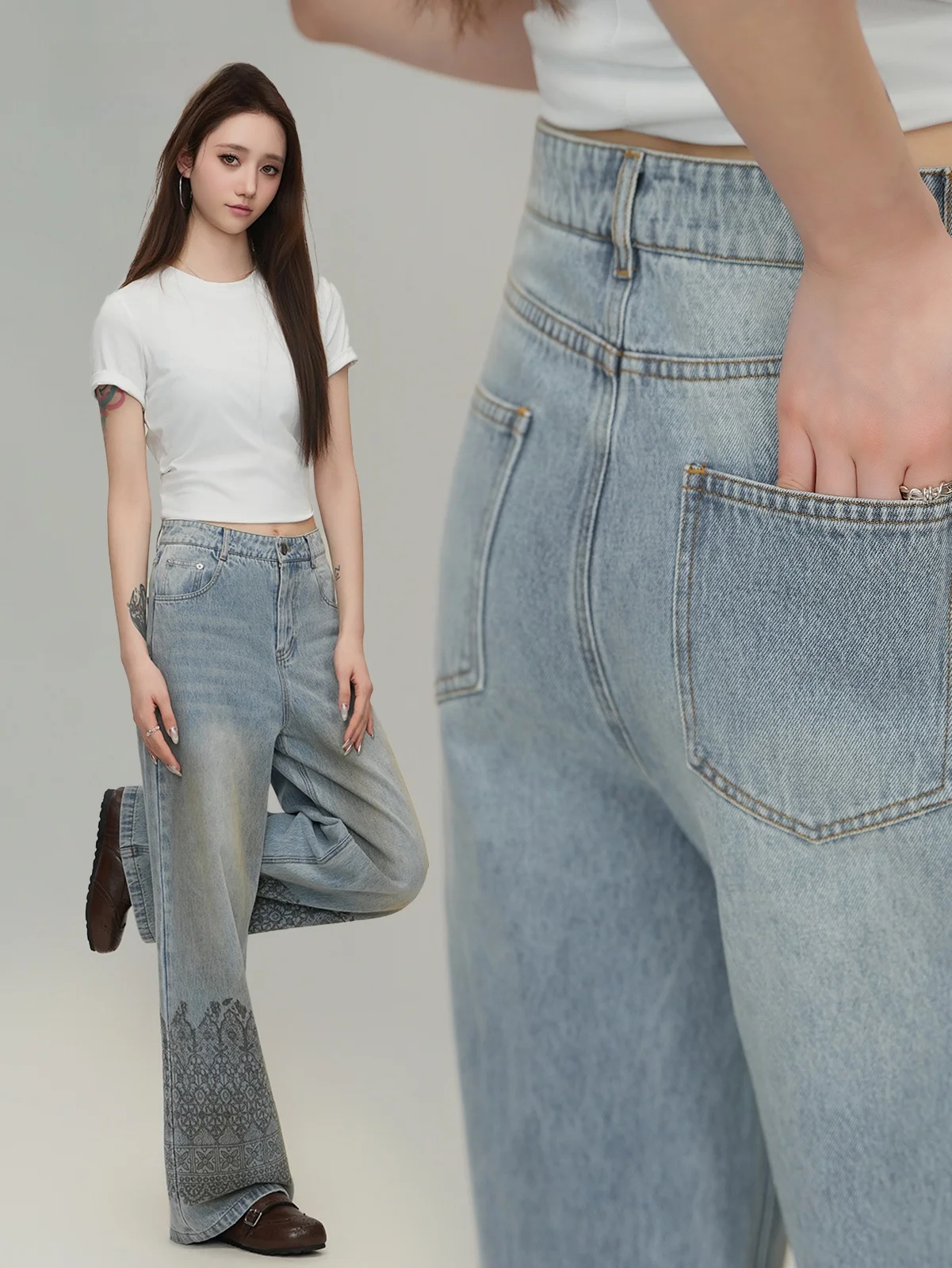 

Retro Korean Blue Print Denim Pants Loose Wide Leg Slimming Design Sense Lace Totem Pants High Waist Cotton Spring Summer