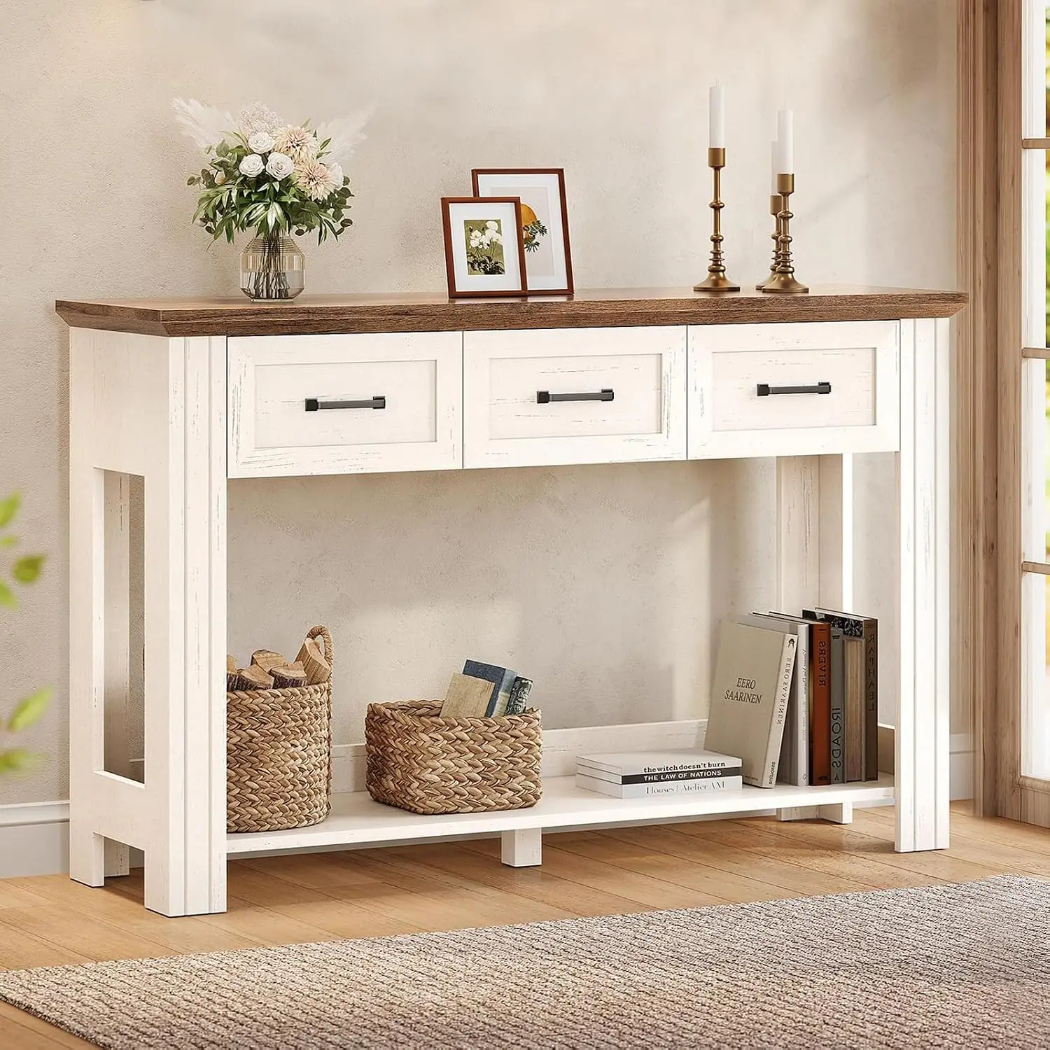 47" Farmhouse Console Table with 3 Drawers & Open Shelf, Rustic Entryway Sofa Table for Living Room & Hallway, Customized
