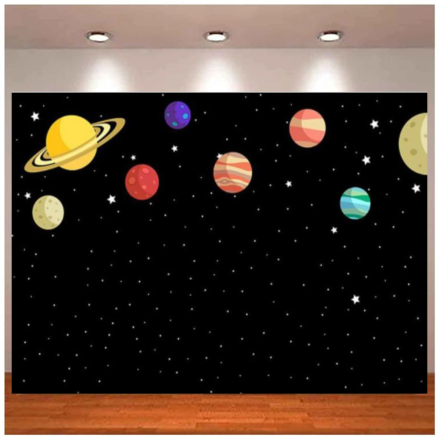 

Black Photo Background Cartoon Outer Space Planet Starry Sky Children Birthday Party Decoration Photography Backdrop Banner