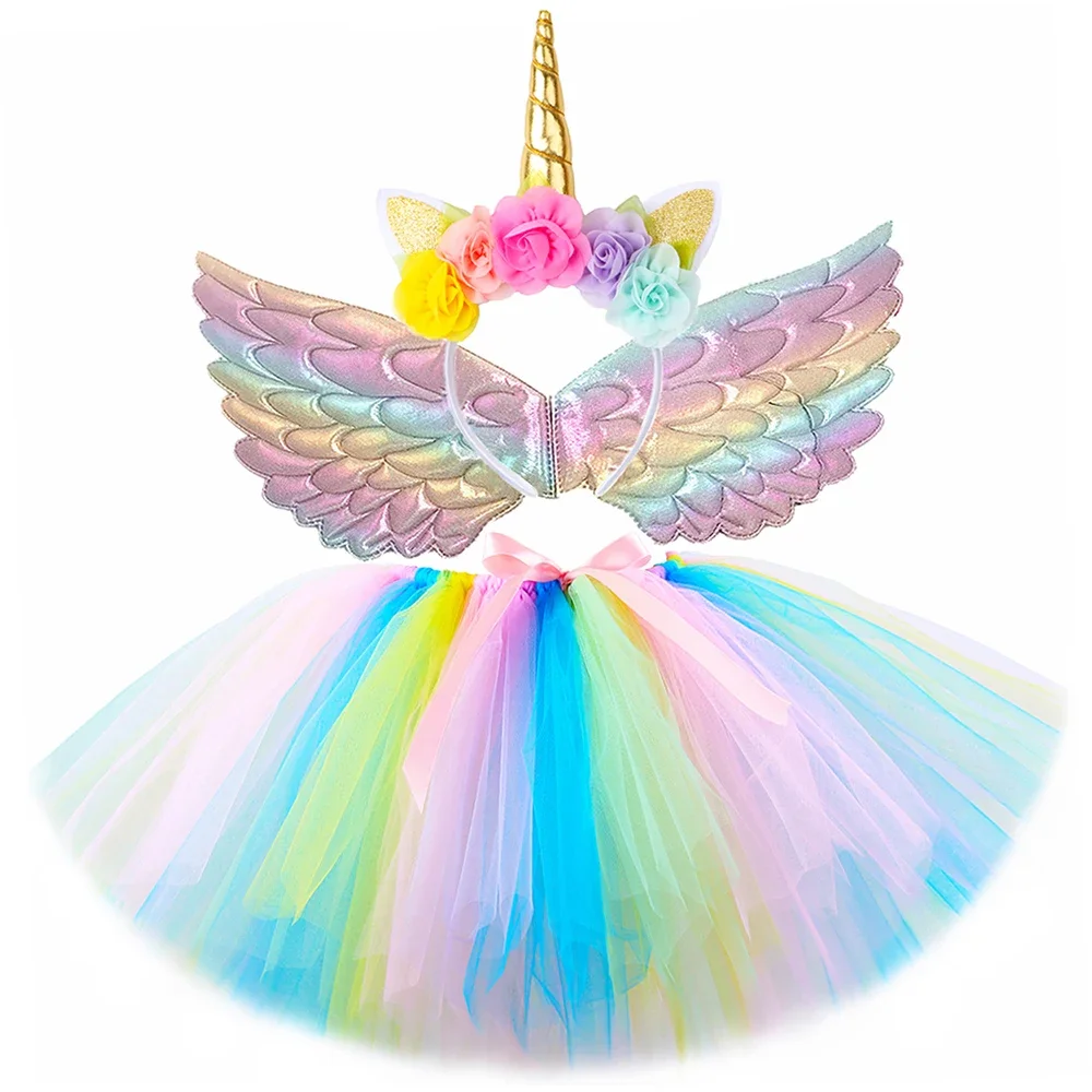 Pastel Unicorn Tutu ชุดกระโปรงสําหรับสาววันเกิด PARTY เครื่องแต่งกายปีกดอกไม้ Hairbow เด็กใหม่ปี Carnival บัลเล่ต์ Tutus