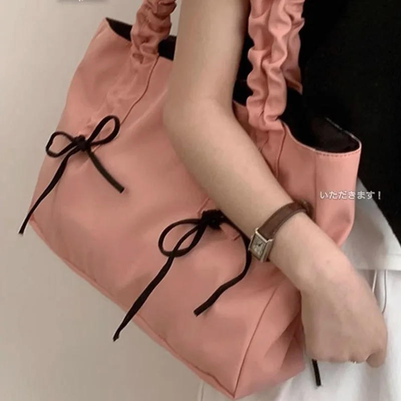 New High-Capacity Pink Pleated Hand-Held Underarm Bag Fashionable Women's Travel And Shopping Versatile Bow Single Shoulder Bag