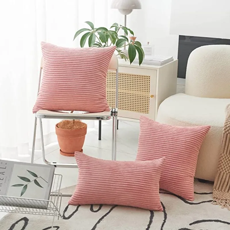 Fliederrosa, weicher Cord-Kissenbezug, einfarbig, gestreift, modernes Dekor, Geschenk, Kissenbezüge für Couch, Sofa, Schlafzimmer, Wohnzimmer – Detail 7