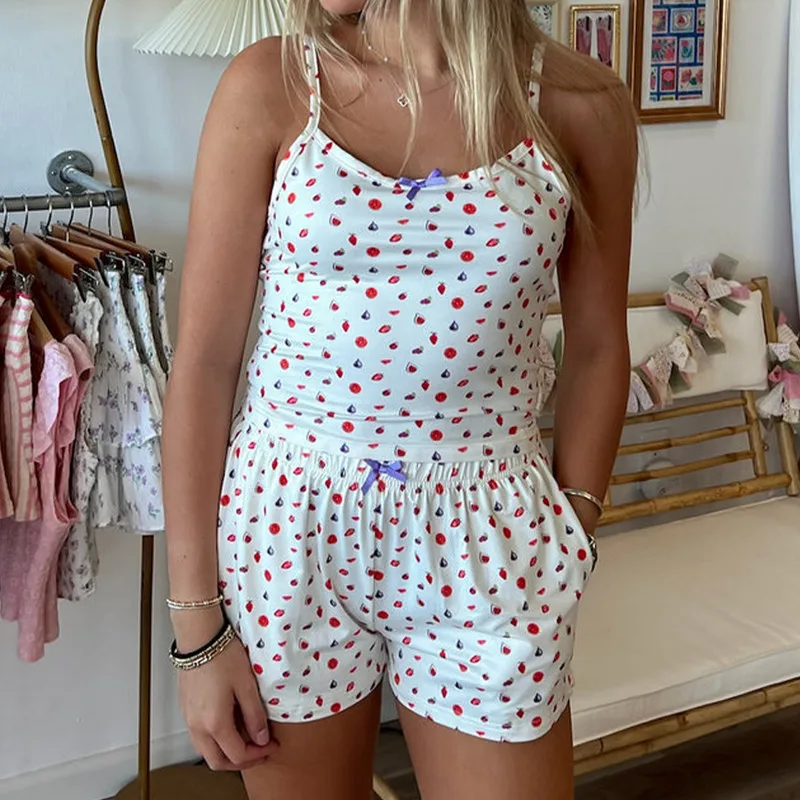 

WPNAKS Women 2 Piece Shorts Sets Summer Clothes Bow Print Sleeveless Camisole with Shorts Sleepwear Loungewear
