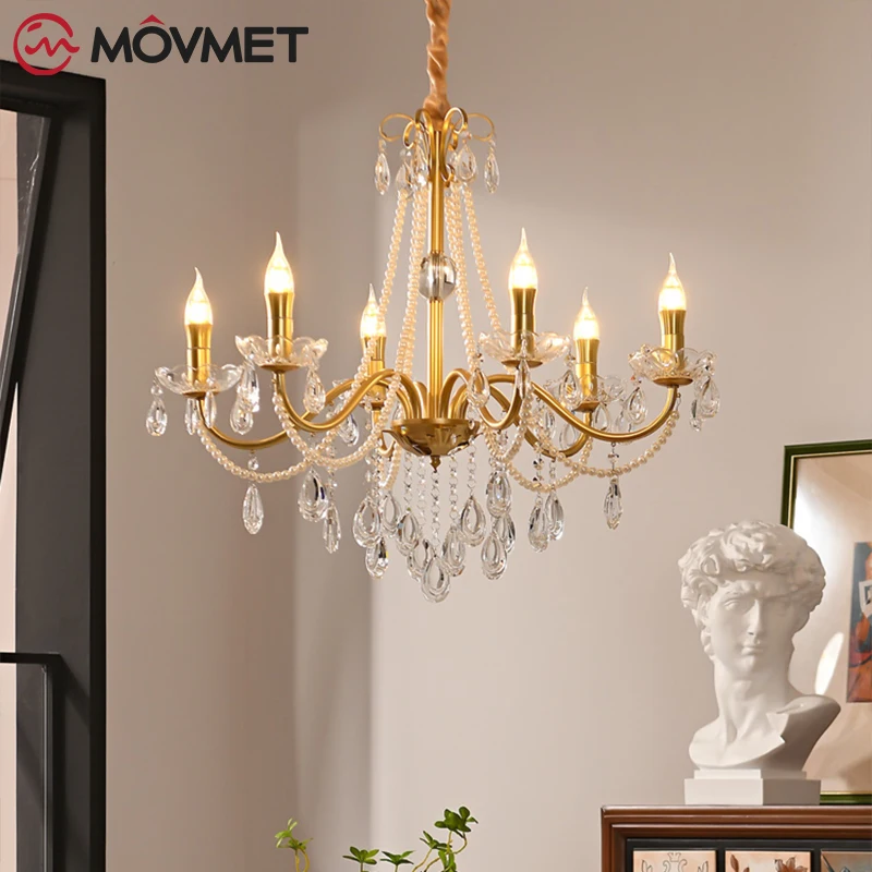 Candle Gold LED Crystal Chandelier Simple Pearl Crystal Vintage Living Room Kitchen Dining Room Pendant Lamp Glass Light Luxury