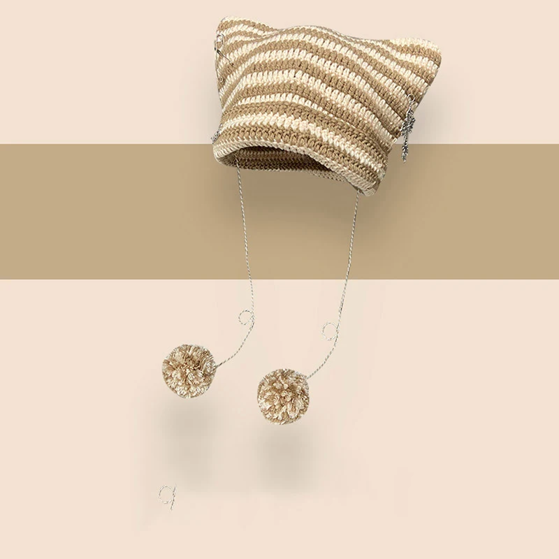 

Милая шапка-бини с кошачьими ушками и помпонами для женщин, зимняя теплая вязаная шапка для активного отдыха и стиля гранж