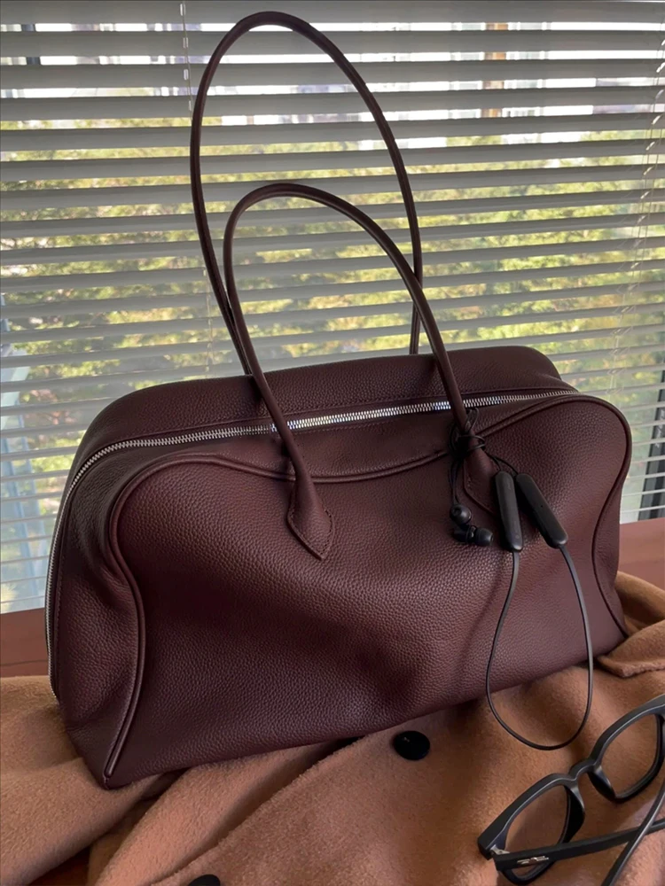 

Leather Large Capaci Tote Bag Women's 2025 New Retro Commuter Single oulder Bowling Boston Bag Casual Simple Sle Soft H...