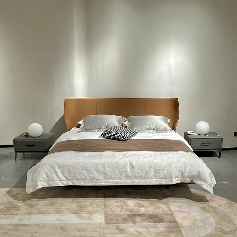 

Italian modern bedroom furniture high quality king-size orange saddle leather bed