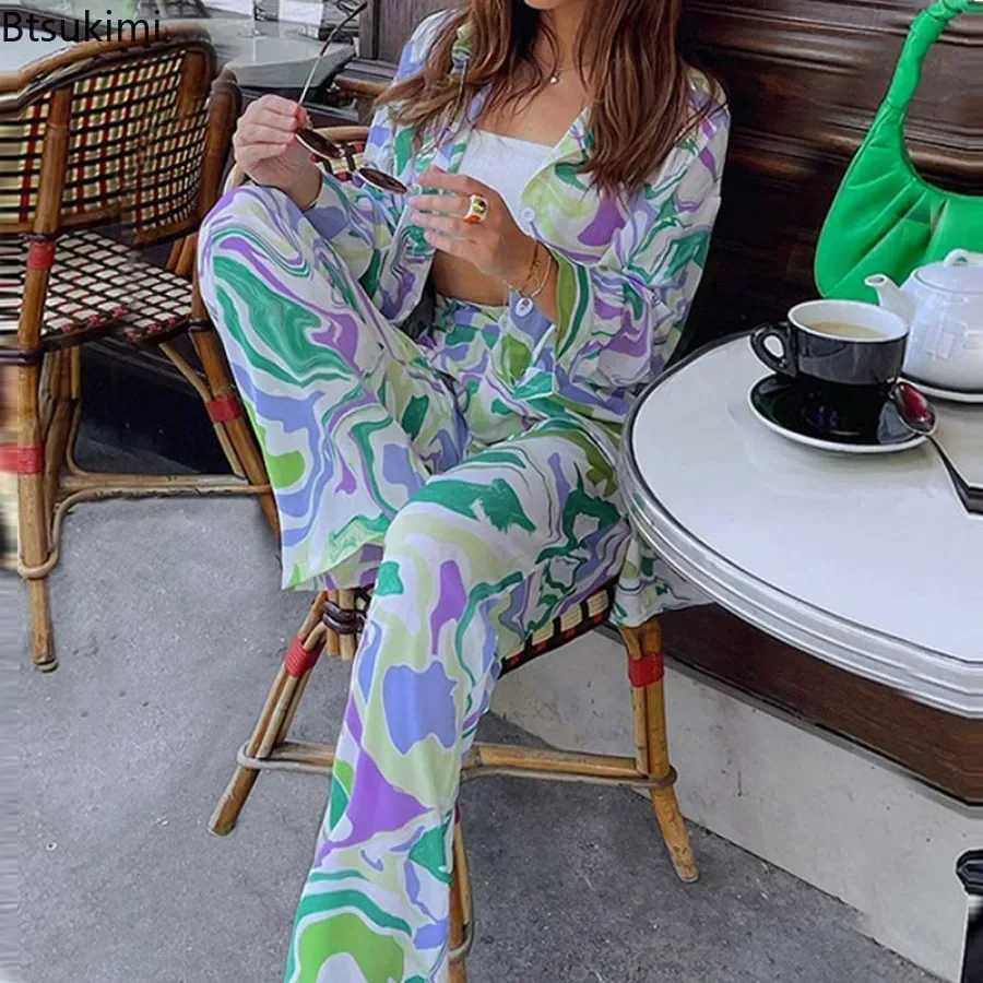 2024 Women's Print Long Sleeve Lapel Button Cardigan Shirt and High Waist Long Pants 2 PCS Sets Ladies Elegant Outfit Streetwear