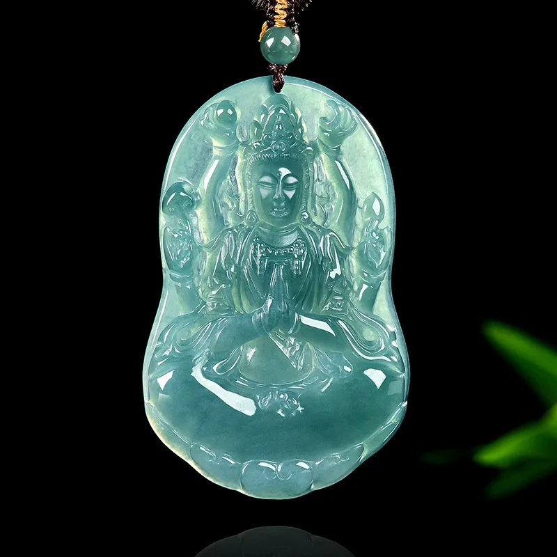 

New Natural Real Emerald Blue Water Thousand-Hand Guanyin Pendant Myanmar Jadeite Necklace Jewelry Charm Designer Luxury Gifts