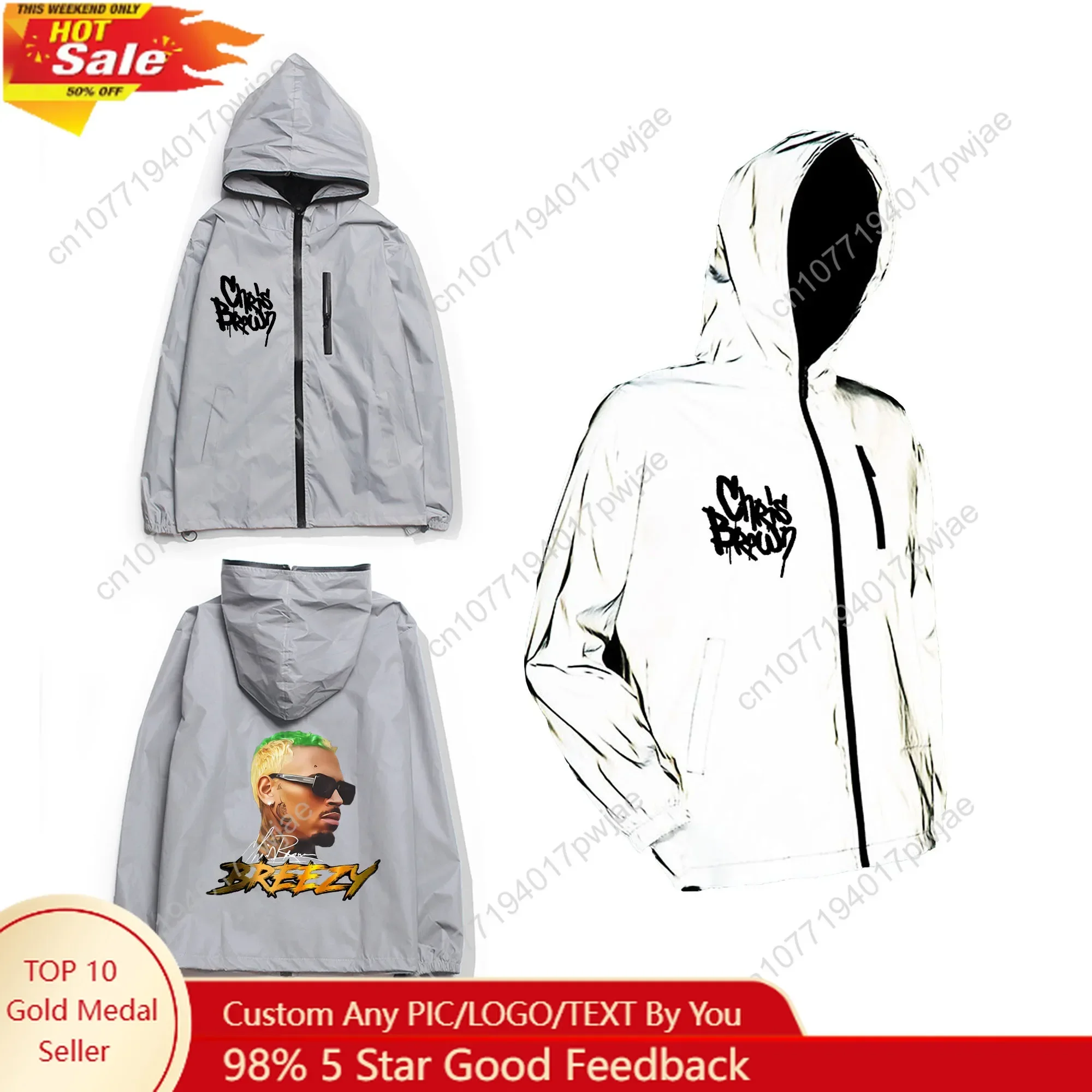 Chris Brown Rapper Reflective Jacket Mens Womens Coat Hooded Windbreaker Run Pocket Jackets Hiking Zipper Customized Hoodie