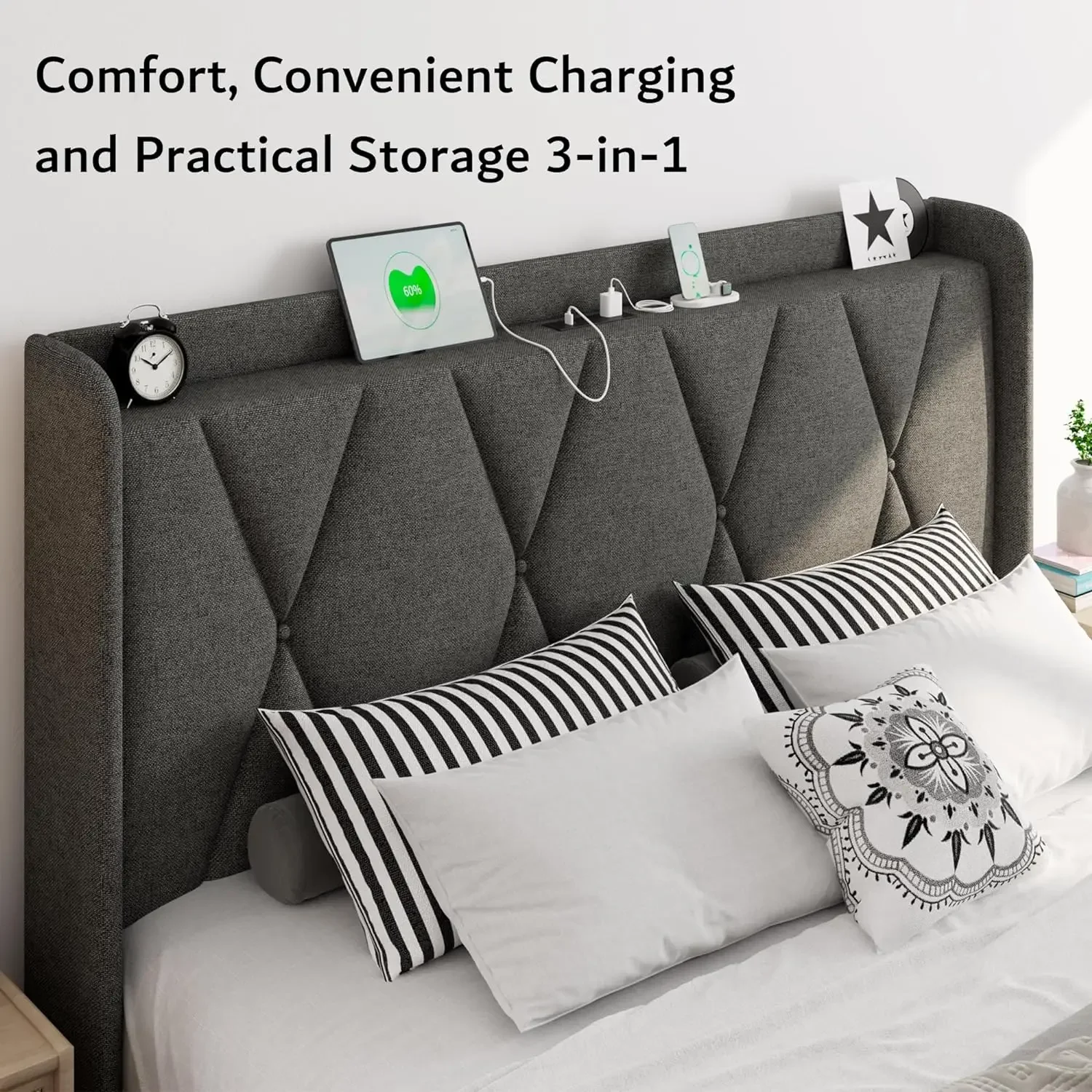 Cadre de lit complet/queen/king size avec 4 égouts de stockage, lit à plateforme avec station de charge, rangement à oreilles moderne