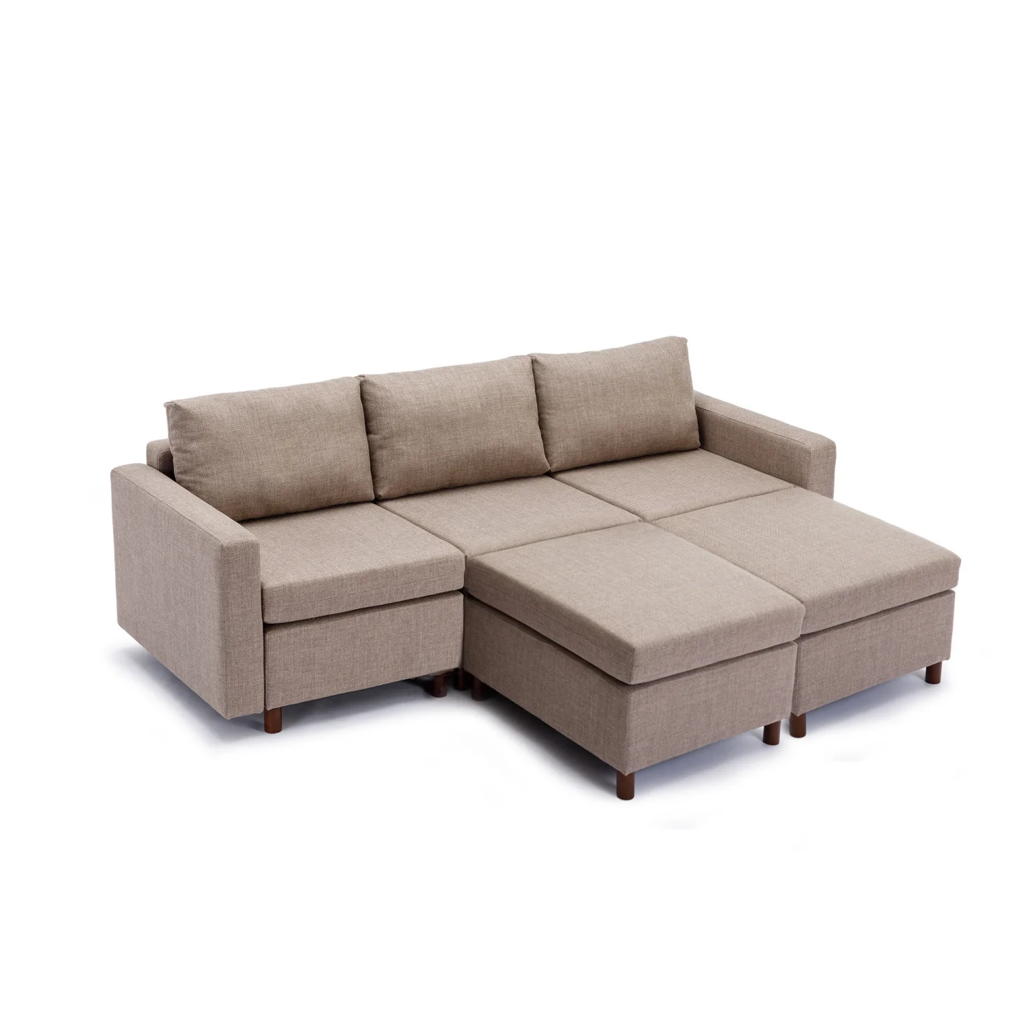 3-Seat Sectional Sofa Couch Set with 2 Ottoman, Non-Removable Cushions, Brown Color