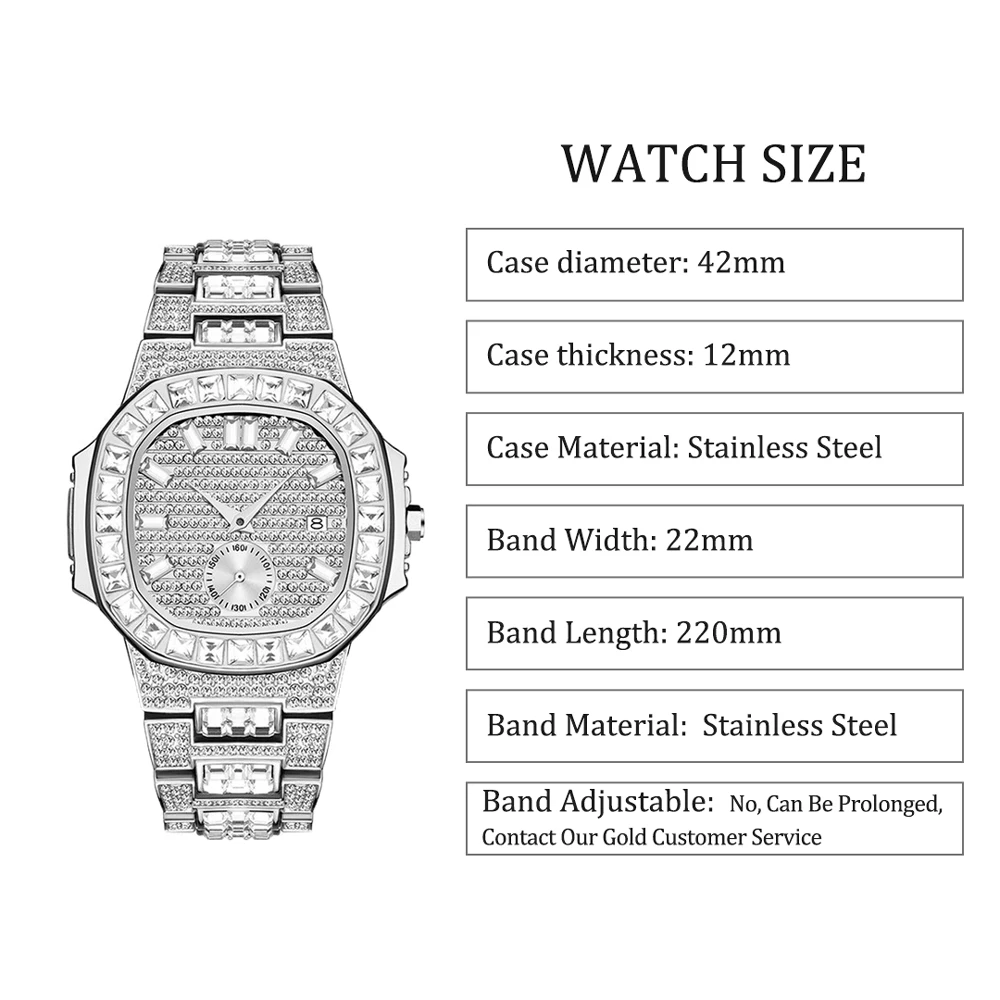 MISSFOX Classic Watches For Men Top Brand Luxury Full Diamond Silver Quartz Watch Fashion High End Stainless Steel Man Clock New