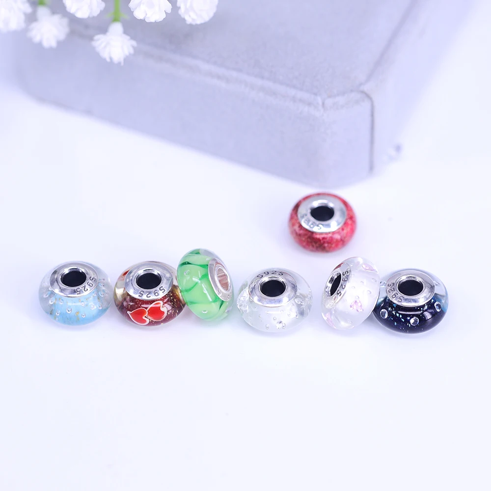 2024 New Original 100% 925 Sterling Silver Glass Bead Wood Stone Murano Flower Charms Fit Pan Brand Bracelet DIY Women Jewelry