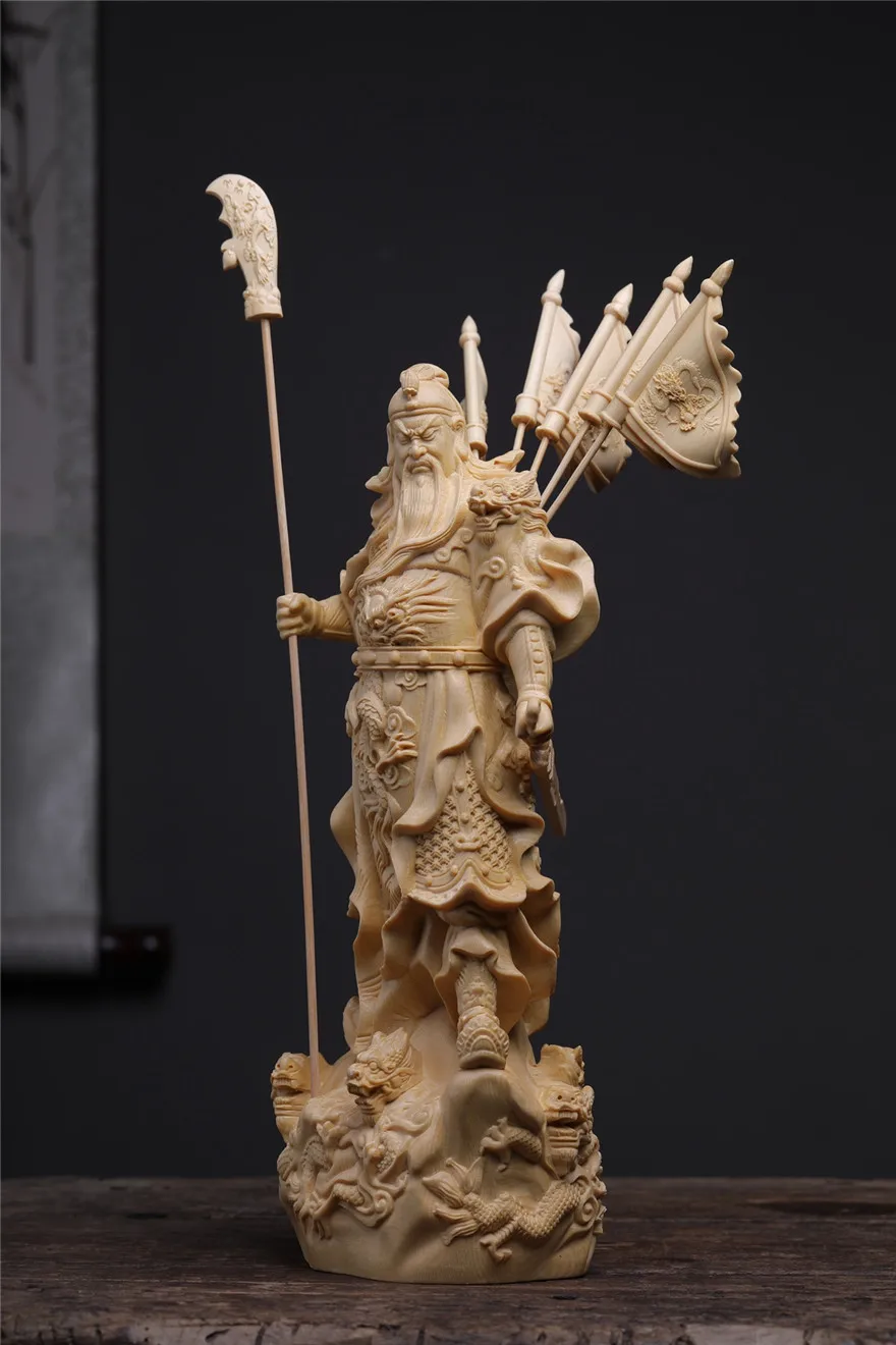 XS311-Boxwood 20-30CM Guanyu Sculpture Three Kingdoms Wood Carving Statue Wealth God Five Flags Guan Gong Feng Shui