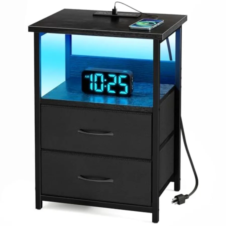 

Прикроватная тумбочка с зарядной станцией, LED-подсветкой, USB-портами и розетками для небольших помещений, 2 тканевых выдвижных ящика для хранения