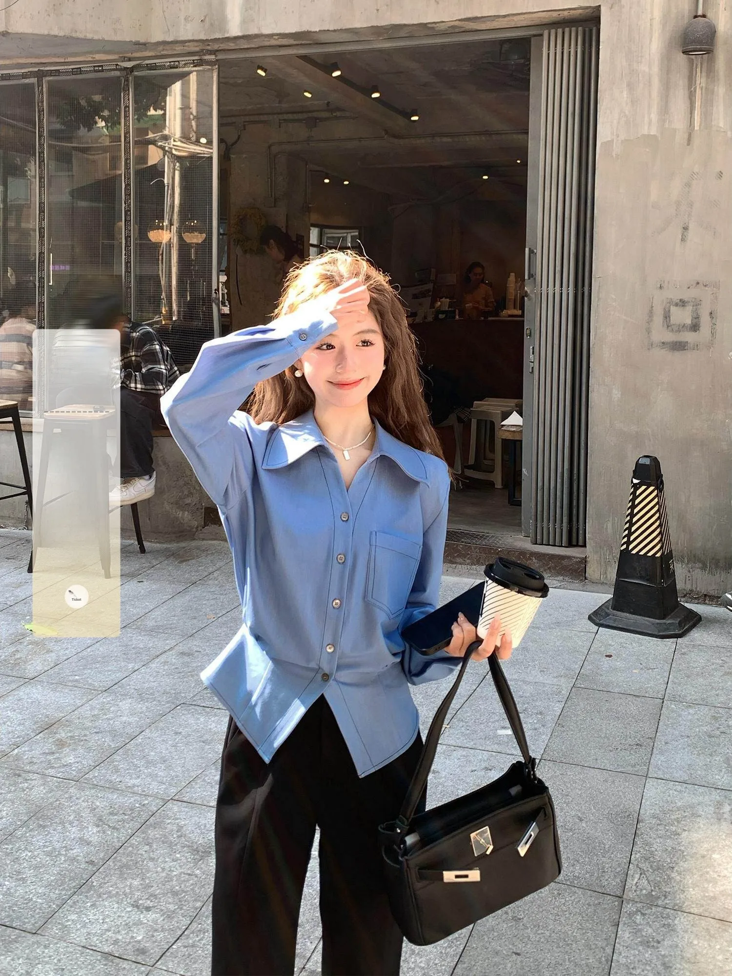 

Blue Long Sleeve Shirt Women's Waist-Cinching Shirt Korean Style Commute Fashion Polycarbonate Fiber Blend Casual Shirt