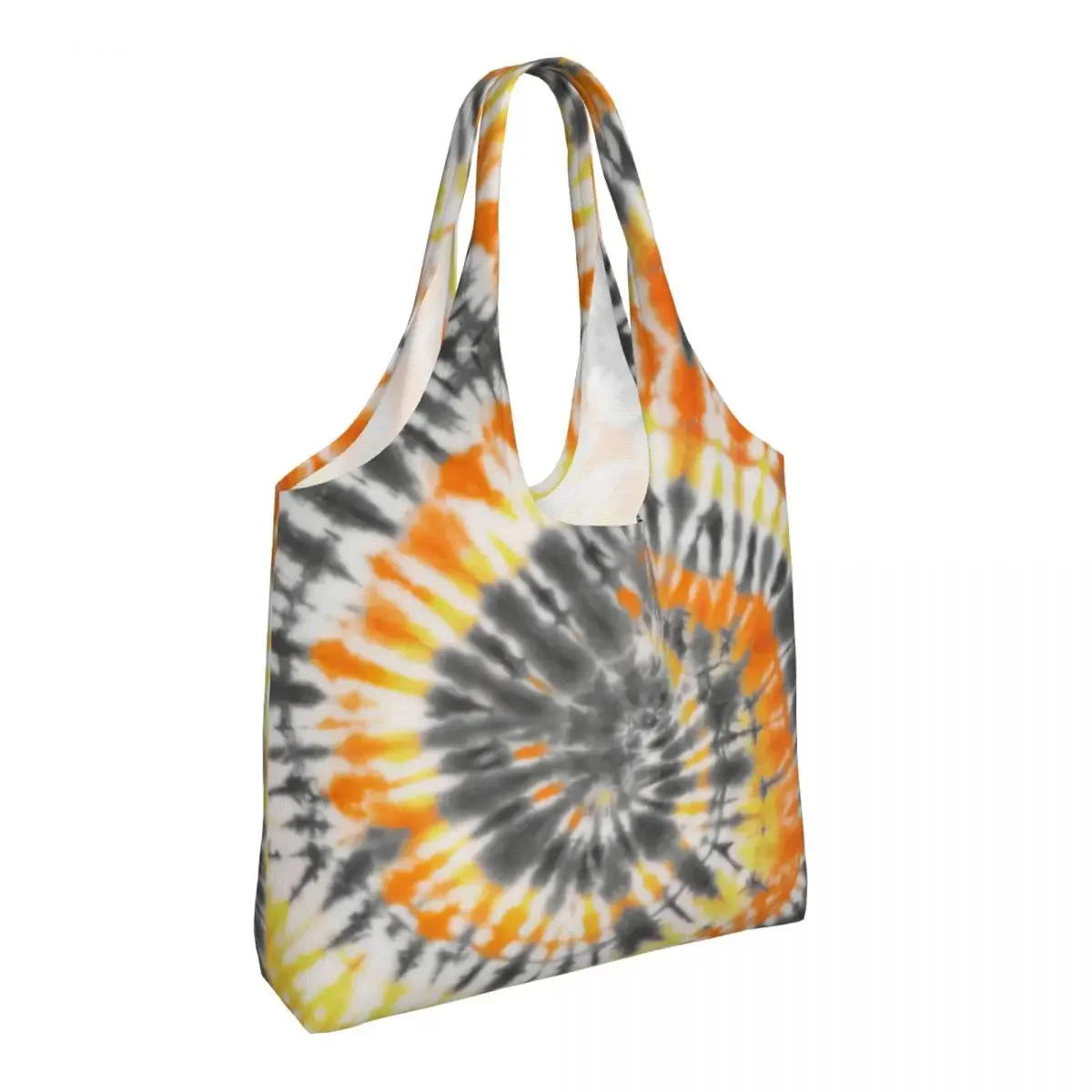 Custom Tie Dye Grey Orange And Yellow Shopping Canvas Bags Women Washable Big Capacity Groceries Dyeing Art Shopper Tote Bags