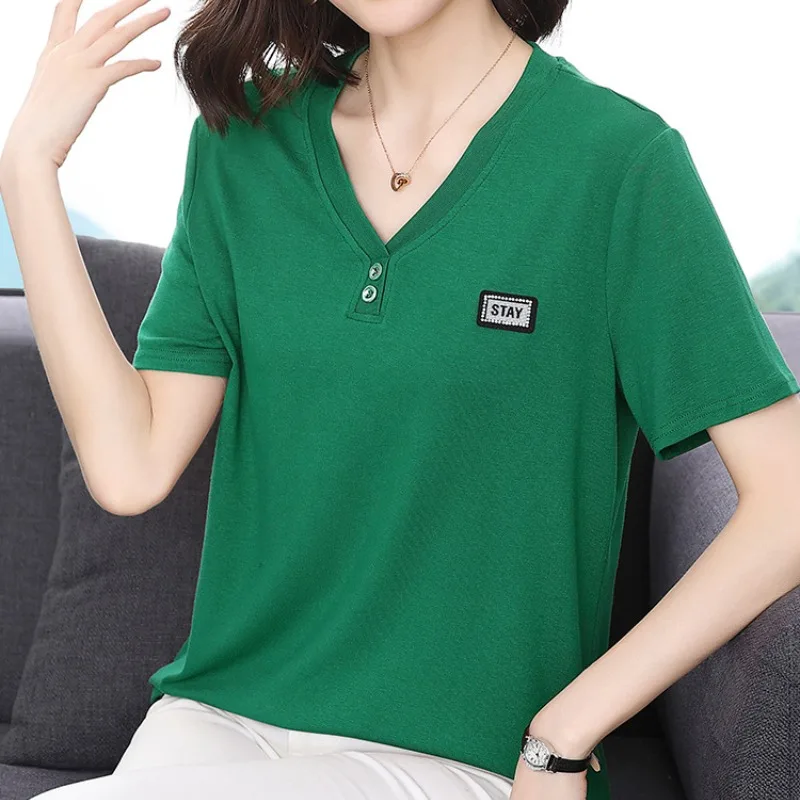 Summer New Women\'s Clothing Short Sleeve V-Neck Solid Button T-shirt Loose Home Slim Casual Versatile Elegant Bottom Tops