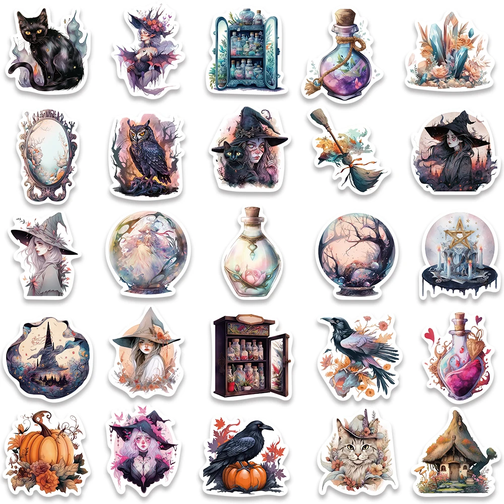 50pcs Aesthetic Retro Cartoon Magic Witch Stickers For Luggage Guitar Laptop Phone Diary Waterproof Graffiti Vinyl Decals