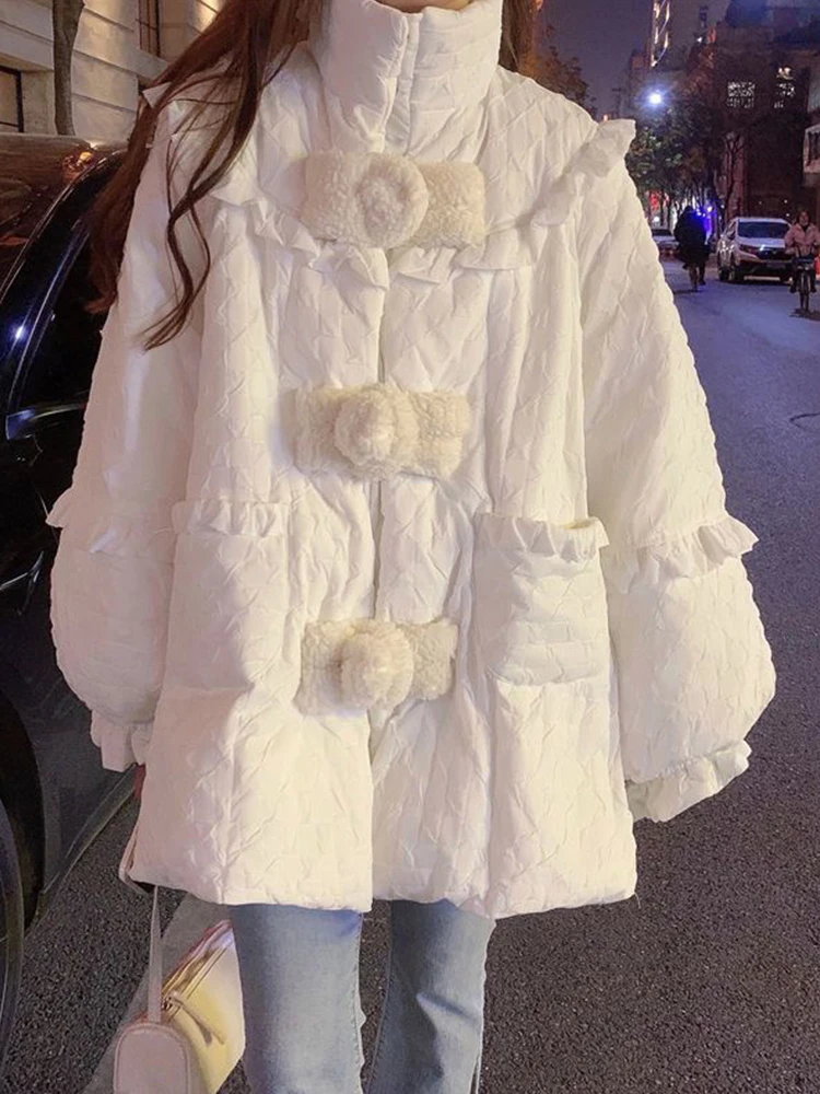 Oversized Down Jacket Women White Thick Warm Parka Female Korean Fashion Kawaii Padded Coat Ladies Winter Ruffle Cotton Jackets