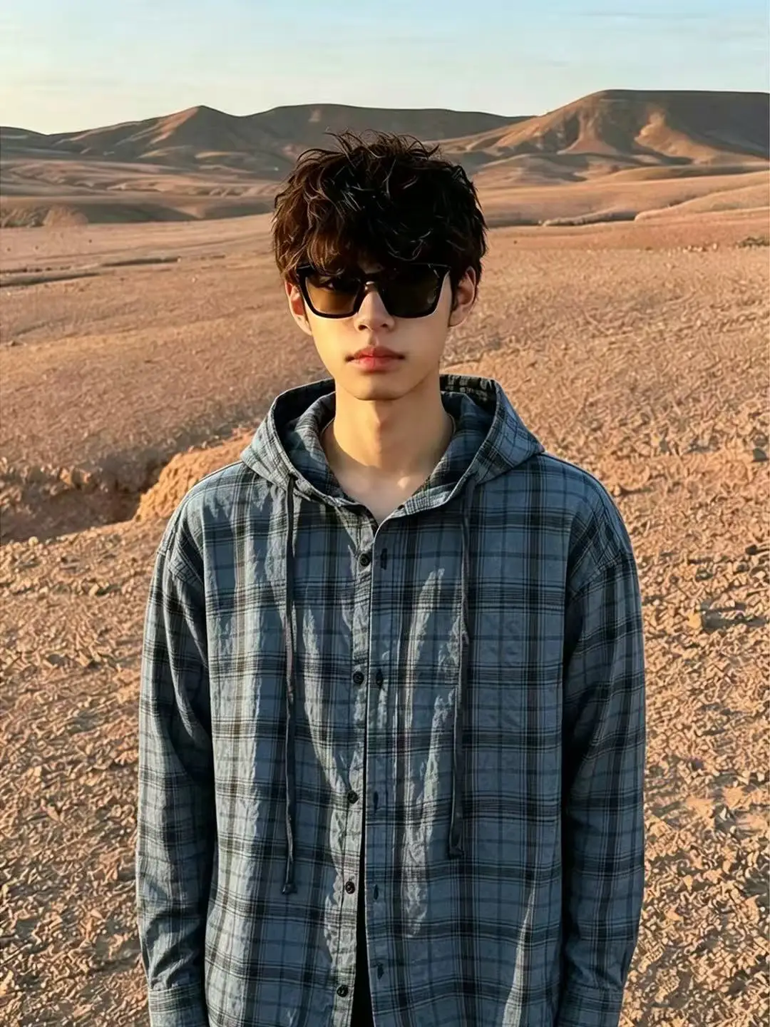 Brown Outdoor Hooded Sun Protection Shirt Men's Lightweight Loose Long Sleeve Plaid Shirt Quick Dry Breathable Jacket