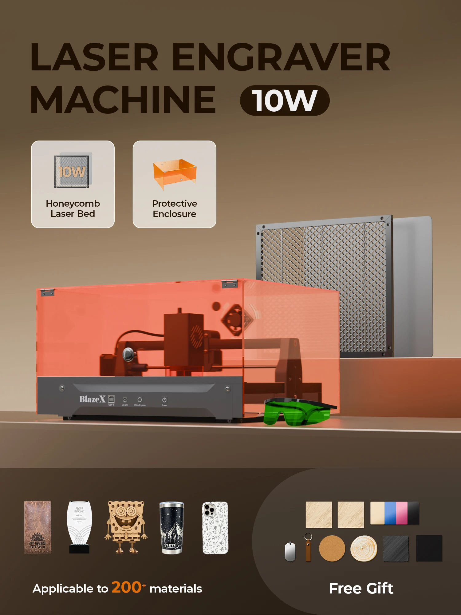 BlazeX M3 10W Laser-Graviermaschine und -Schneidemaschine, Anfängerfreundliche DIY-Lasergravurmaschine der Klasse 1 mit 0,01mm Präzision, Wabenbett, Schutzgehäuse, Materialkit und Schutzbrille,