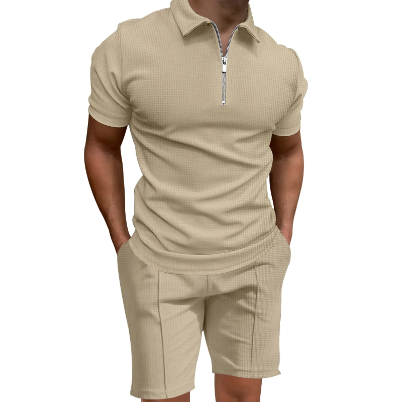 Cross border 2024 summer men\'s polo shirt set solid color waffle short sleeve slim lapel t-shirt casual men\'s set