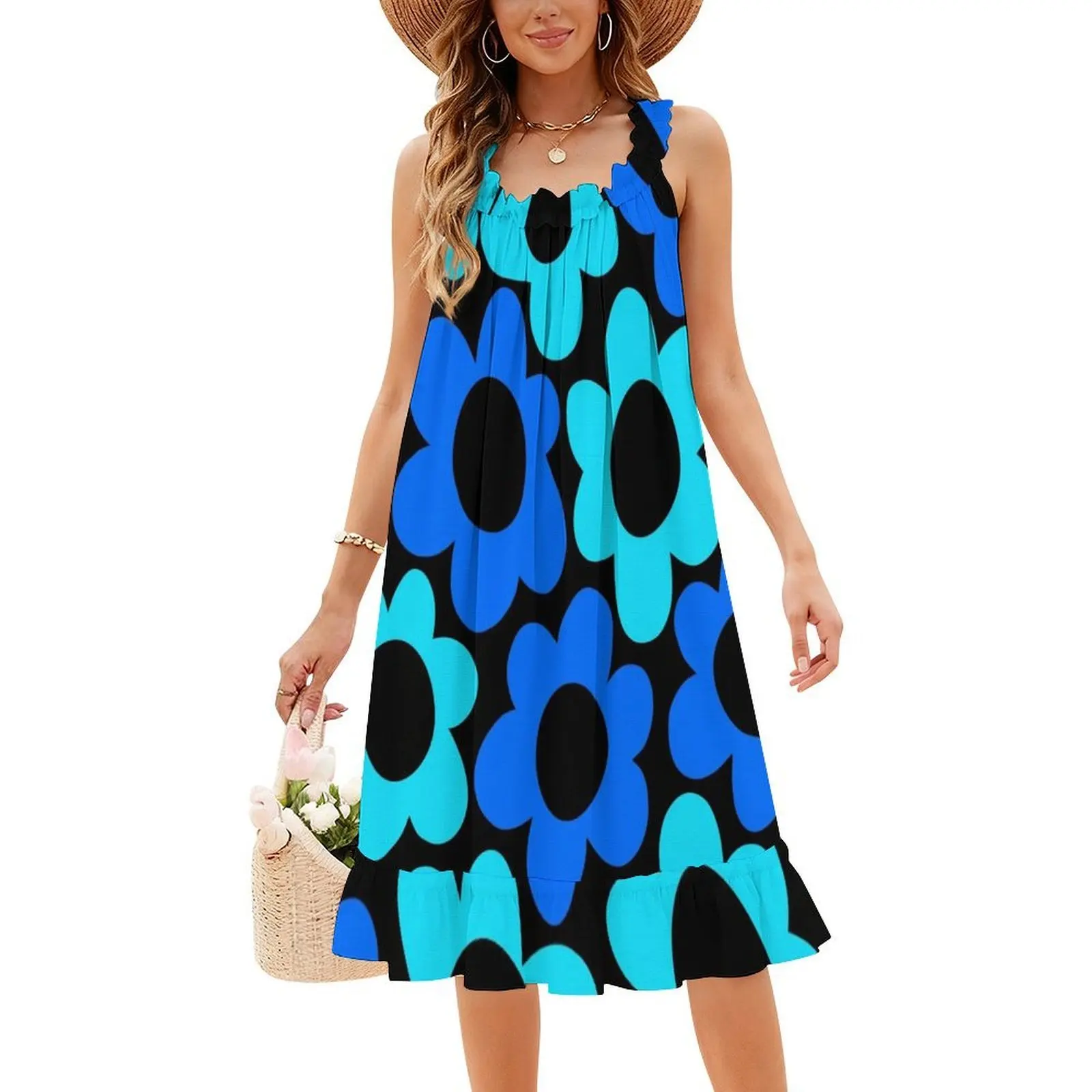 فستان ريترو 1960'S أزرق وزهرة أكوا على فستان قصير أسود على طراز بريبي للنساء على شكل حرف a فضفاض مناسب فستان يوم غير رسمي عتيق #4