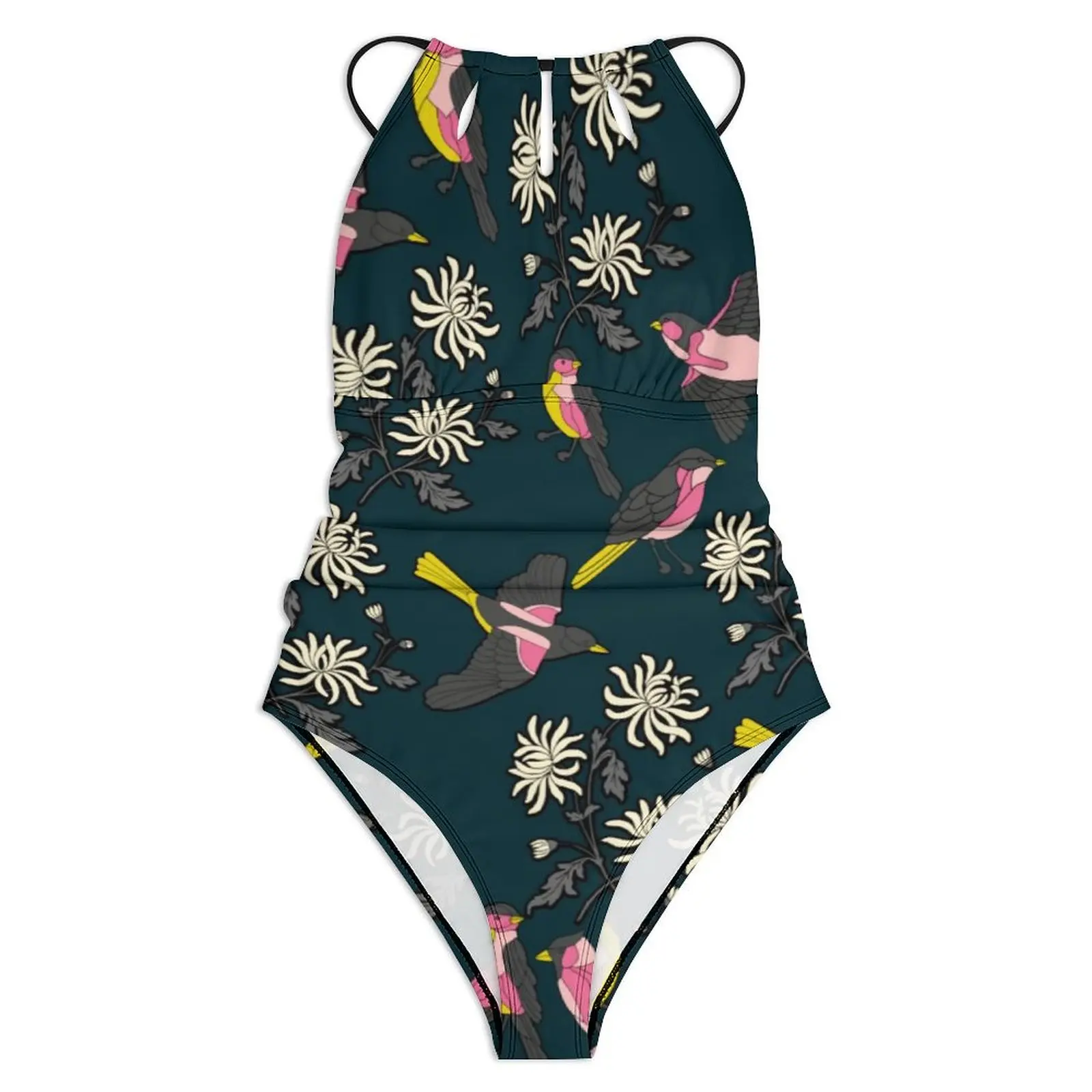 الوردي الطيور طباعة ملابس السباحة الزهور البيضاء قطعة واحدة ملابس السباحة رفع Kawaii المايوه مثير الشاطئ الرسم ارتداءها