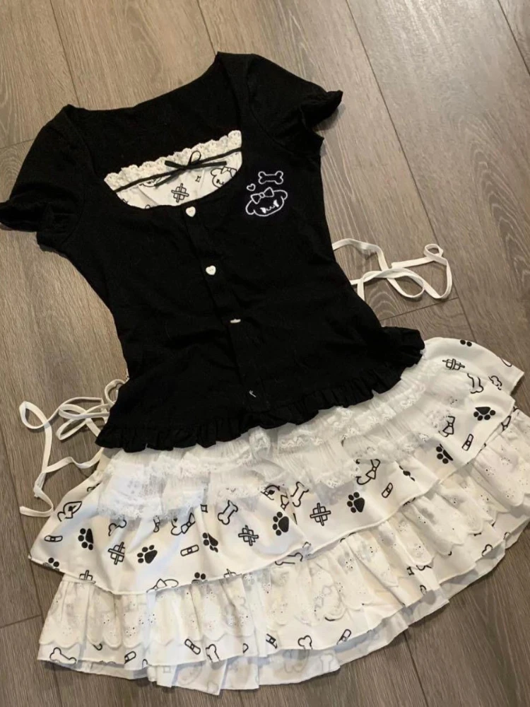 

Японский комплект из 2 предметов Y2K Subculture Slim, летние топы с кружевным бантом и короткими рукавами + пышная юбка, женские милые кавайные наряды, новинка