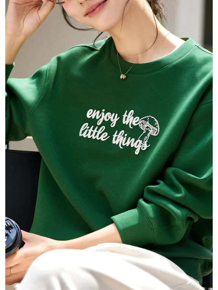 VIMLY Sweatshirts Women Fashion Autumn 2025 Casual Round Neck Loose Sweatshirt Letter Embroider Long Sleeve Knitted Tops A2106