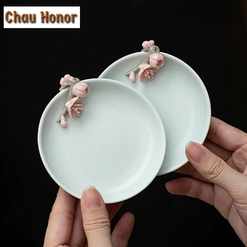 Handmade Knead Pink Plum Blossom Ceramic Teacup Coaster Boutique Azure Ru Kiln Celadon Heat Resistant Placemats Kung Fu Teaware