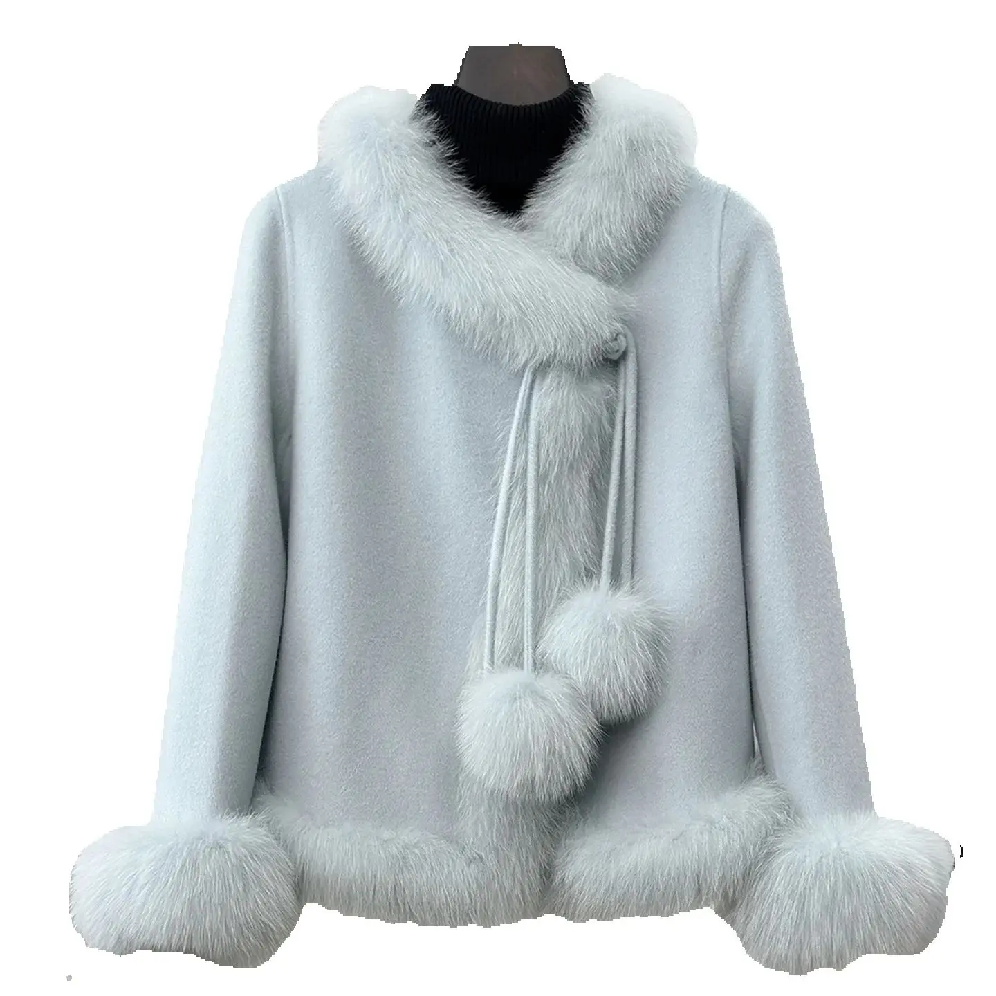 Dwustronny kaszmirowy płaszcz damski typu "Sweet Daughter", krótki fason, nowość na sezon Jesień/Zima 2025, płaszcz z futra lisa i wełny.